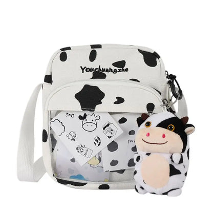 Women Ladies Cartoon Cow Print Shoulder Bag Canvas Crossbody Tote Purse Messenger Satchel Tote
