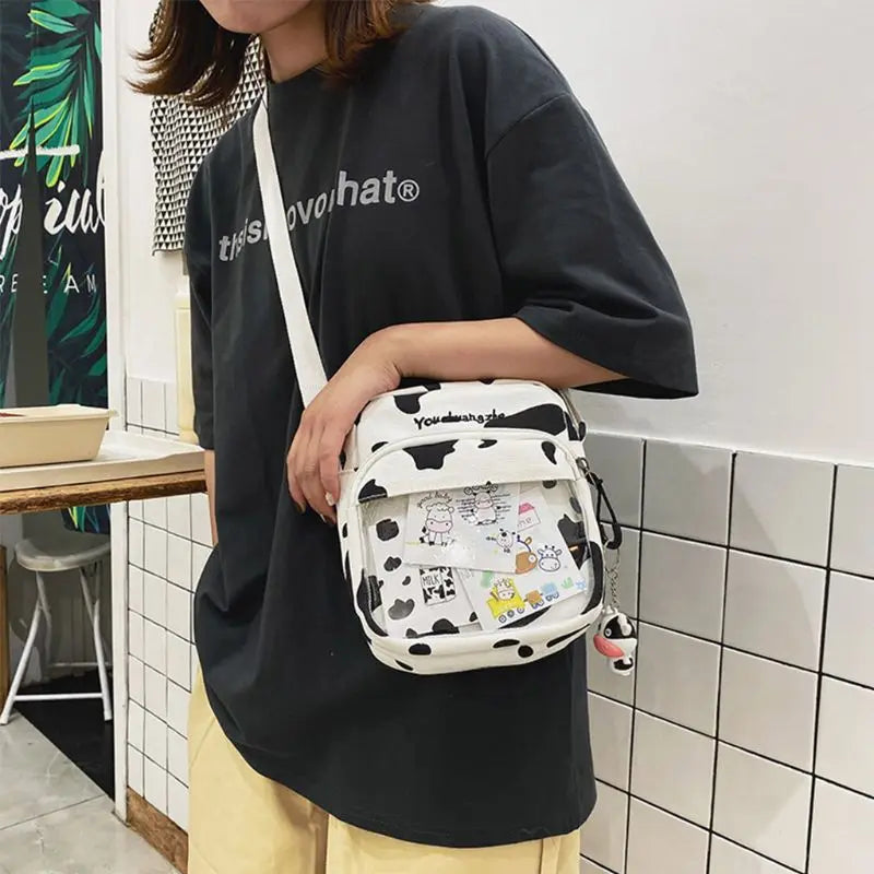 Women Ladies Cartoon Cow Print Shoulder Bag Canvas Crossbody Tote Purse Messenger Satchel Tote