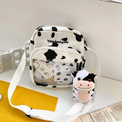 Women Ladies Cartoon Cow Print Shoulder Bag Canvas Crossbody Tote Purse Messenger Satchel Tote