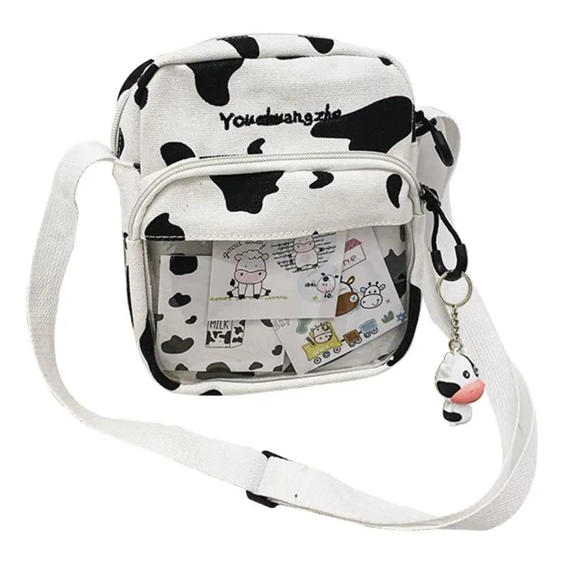 Women Ladies Cartoon Cow Print Shoulder Bag Canvas Crossbody Tote Purse Messenger Satchel Tote