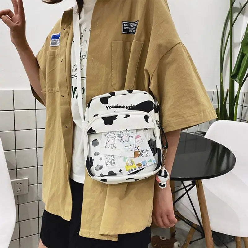 Women Ladies Cartoon Cow Print Shoulder Bag Canvas Crossbody Tote Purse Messenger Satchel Tote