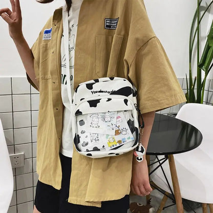 Women Ladies Cartoon Cow Print Shoulder Bag Canvas Crossbody Tote Purse Messenger Satchel Tote