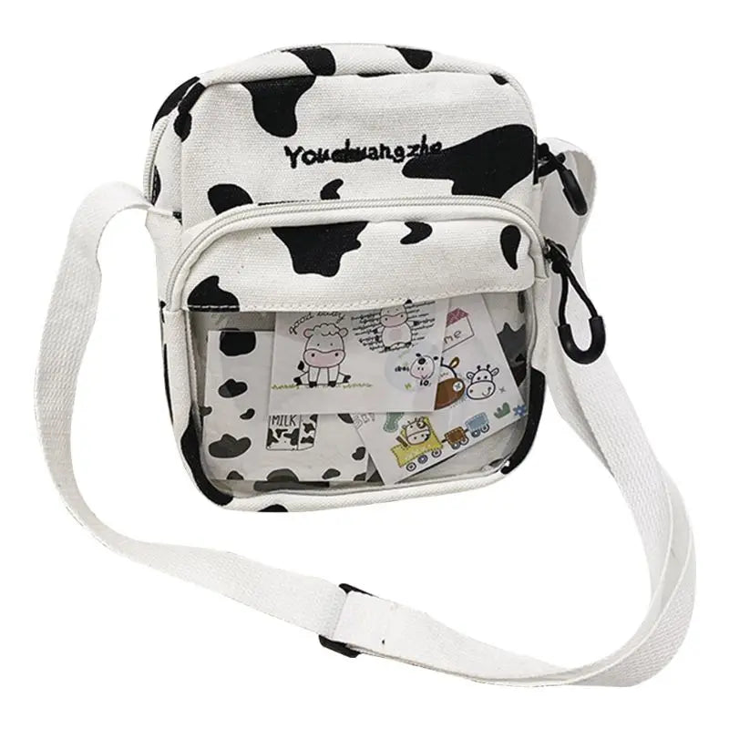 Women Ladies Cartoon Cow Print Shoulder Bag Canvas Crossbody Tote Purse Messenger Satchel Tote