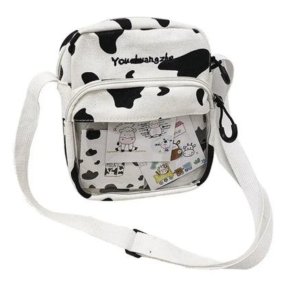 Women Ladies Cartoon Cow Print Shoulder Bag Canvas Crossbody Tote Purse Messenger Satchel Tote