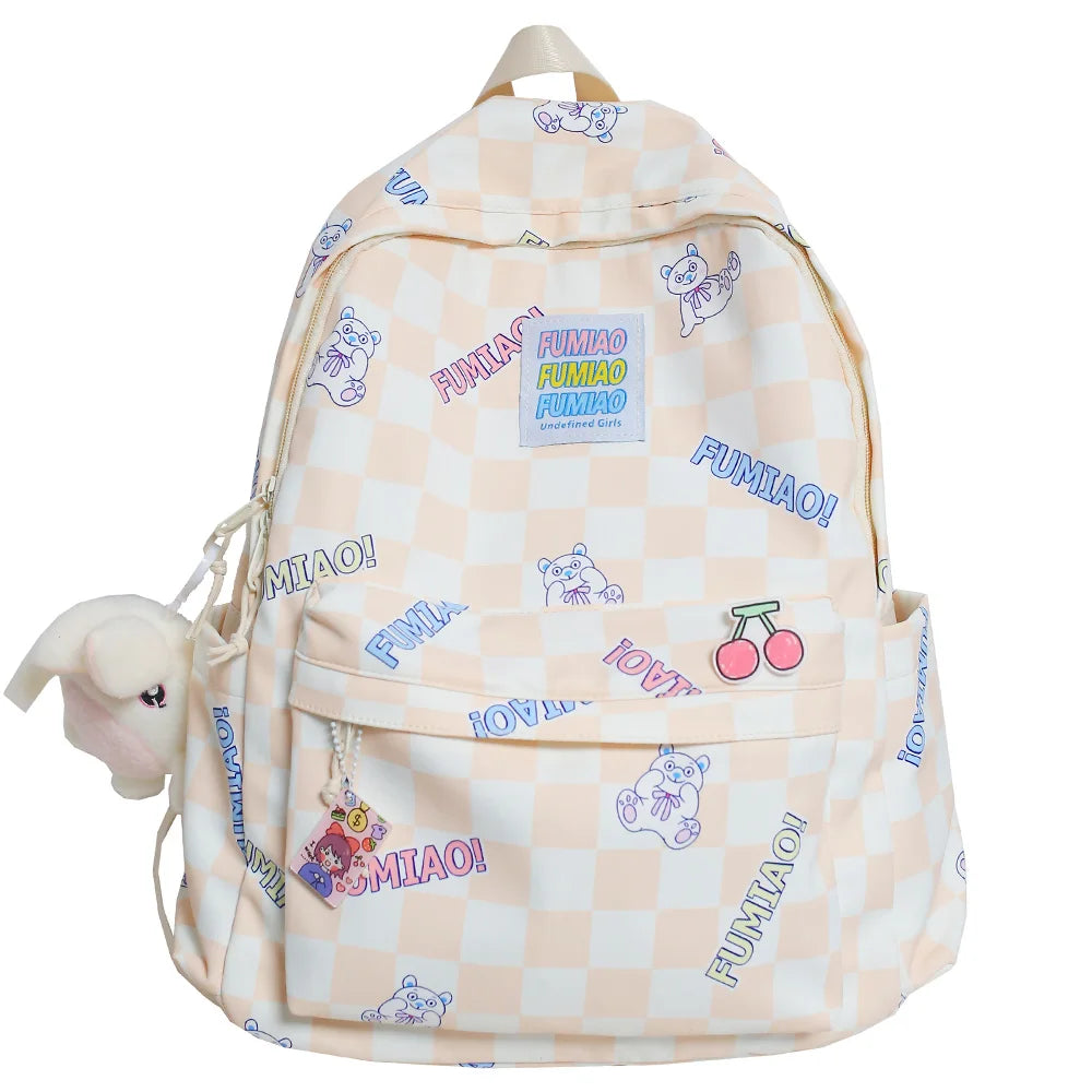 Women Laptop Plaid College Bag Cute Cartoon Girl Travel Backpacks Nylon Fashion Lattice Ladies Kawaii Backpack Female School Bag
