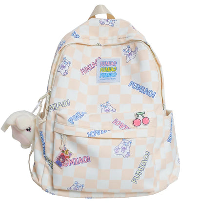 Women Laptop Plaid College Bag Cute Cartoon Girl Travel Backpacks Nylon Fashion Lattice Ladies Kawaii Backpack Female School Bag
