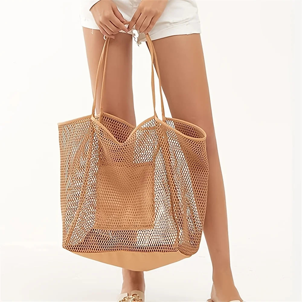 Women Large Capacity Mesh Beach Tote Bag Travel Shoulder Bag Casual Totes Storage Bag Ladies Handbag Reusable Shopping Net Bag