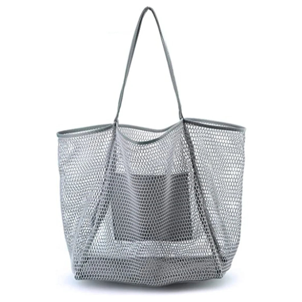 Women Large Capacity Mesh Beach Tote Bag Travel Shoulder Bag Casual Totes Storage Bag Ladies Handbag Reusable Shopping Net Bag