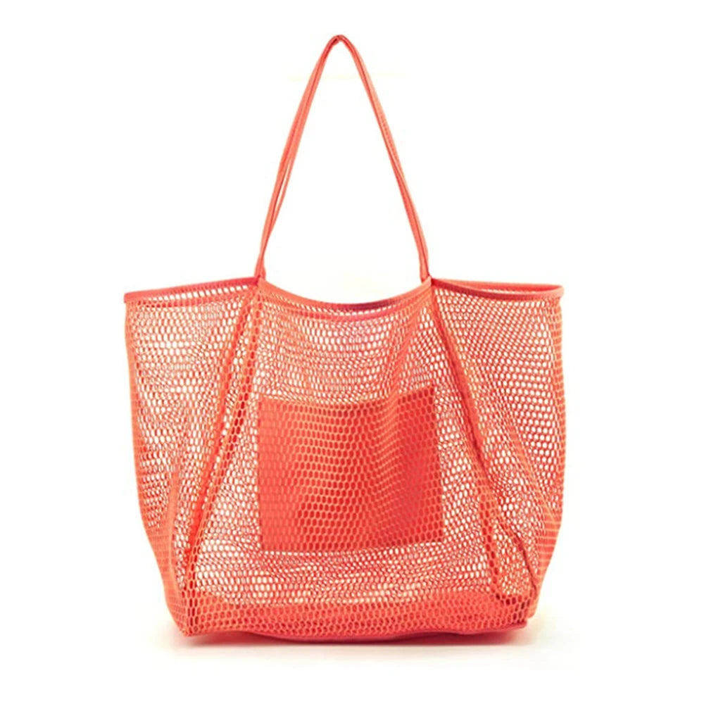 Women Large Capacity Mesh Beach Tote Bag Travel Shoulder Bag Casual Totes Storage Bag Ladies Handbag Reusable Shopping Net Bag
