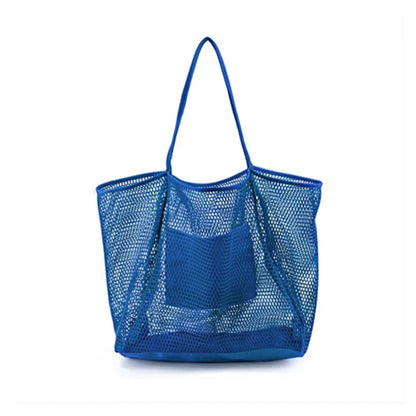 Women Large Capacity Mesh Beach Tote Bag Travel Shoulder Bag Casual Totes Storage Bag Ladies Handbag Reusable Shopping Net Bag