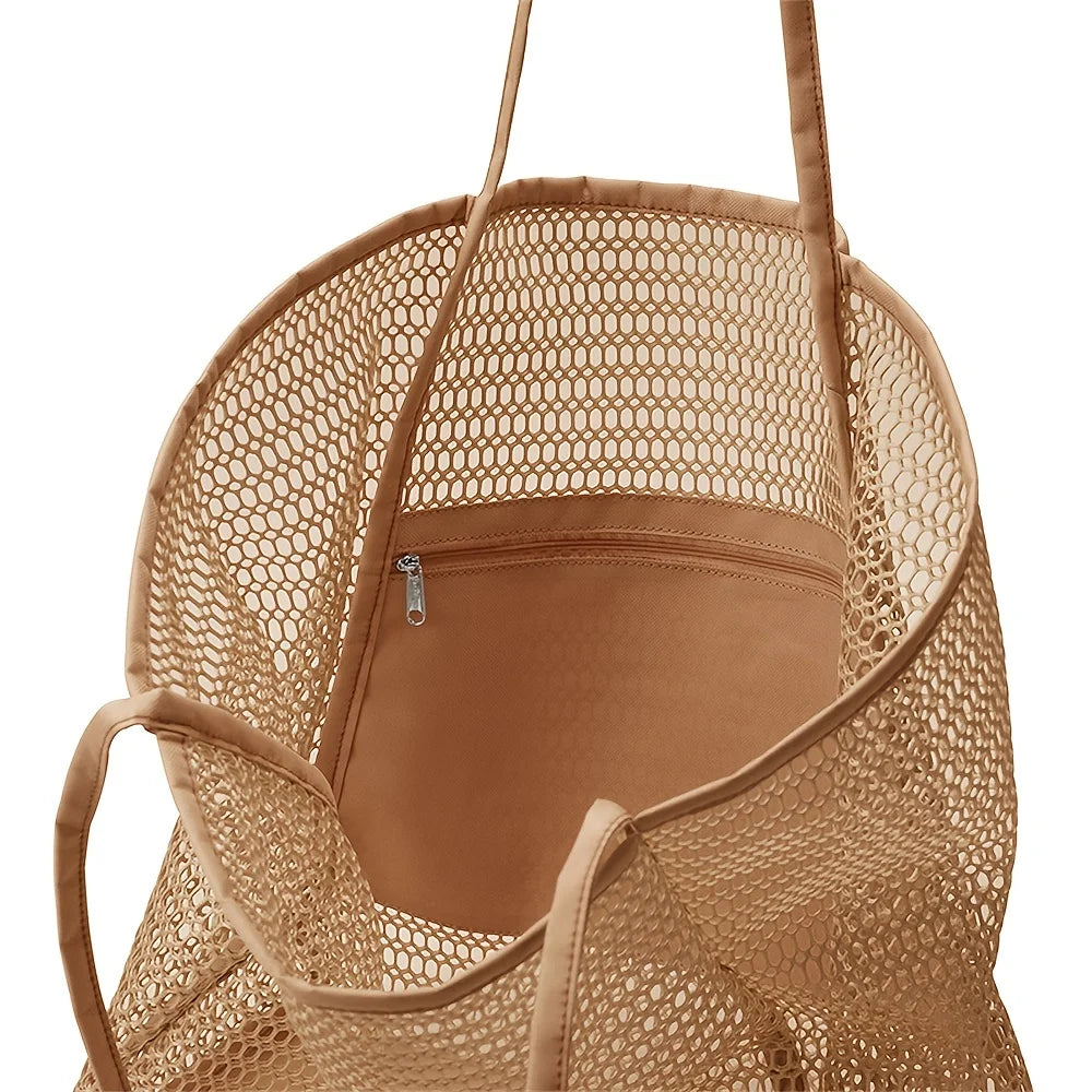 Women Large Capacity Mesh Beach Tote Bag Travel Shoulder Bag Casual Totes Storage Bag Ladies Handbag Reusable Shopping Net Bag