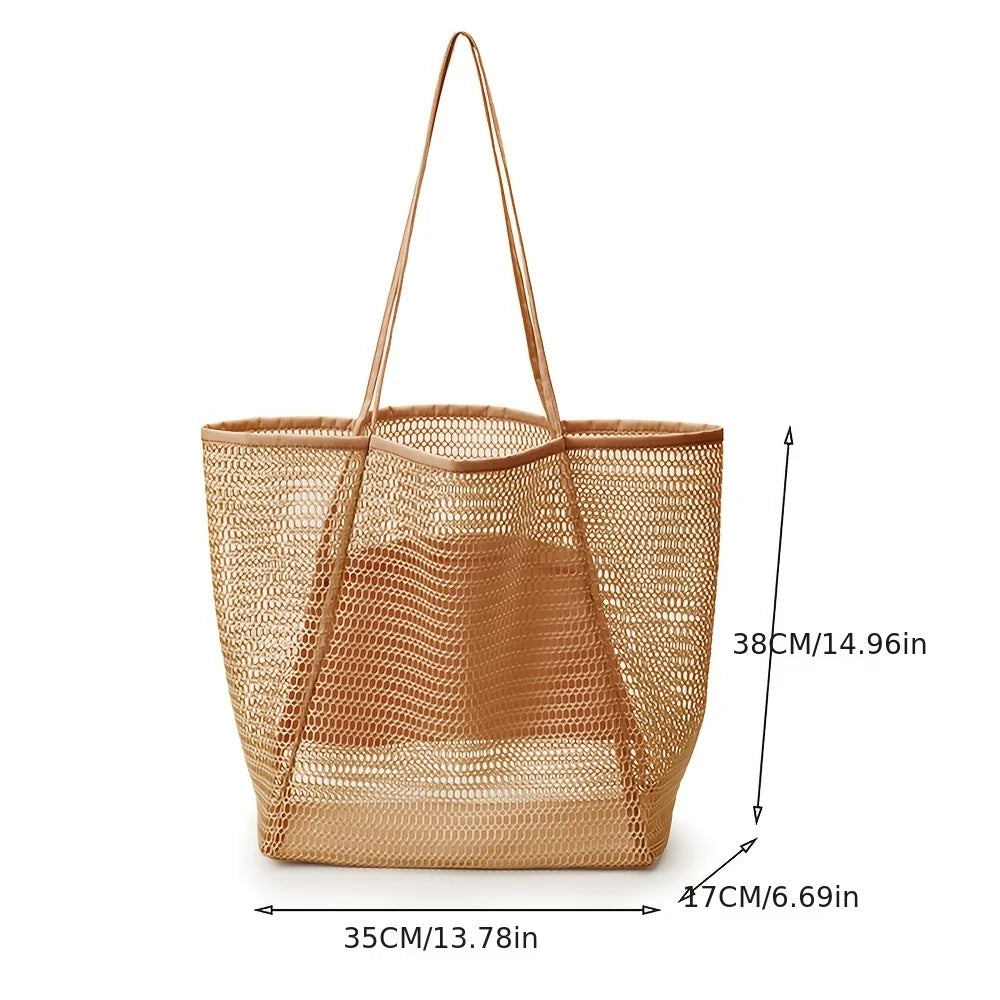 Women Large Capacity Mesh Beach Tote Bag Travel Shoulder Bag Casual Totes Storage Bag Ladies Handbag Reusable Shopping Net Bag