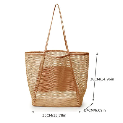 Women Large Capacity Mesh Beach Tote Bag Travel Shoulder Bag Casual Totes Storage Bag Ladies Handbag Reusable Shopping Net Bag