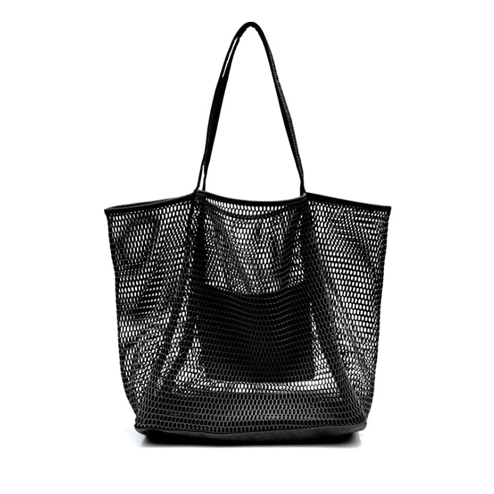 Women Large Capacity Mesh Beach Tote Bag Travel Shoulder Bag Casual Totes Storage Bag Ladies Handbag Reusable Shopping Net Bag