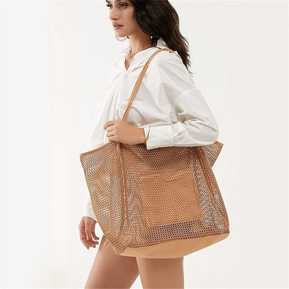 Women Large Capacity Mesh Beach Tote Bag Travel Shoulder Bag Casual Totes Storage Bag Ladies Handbag Reusable Shopping Net Bag