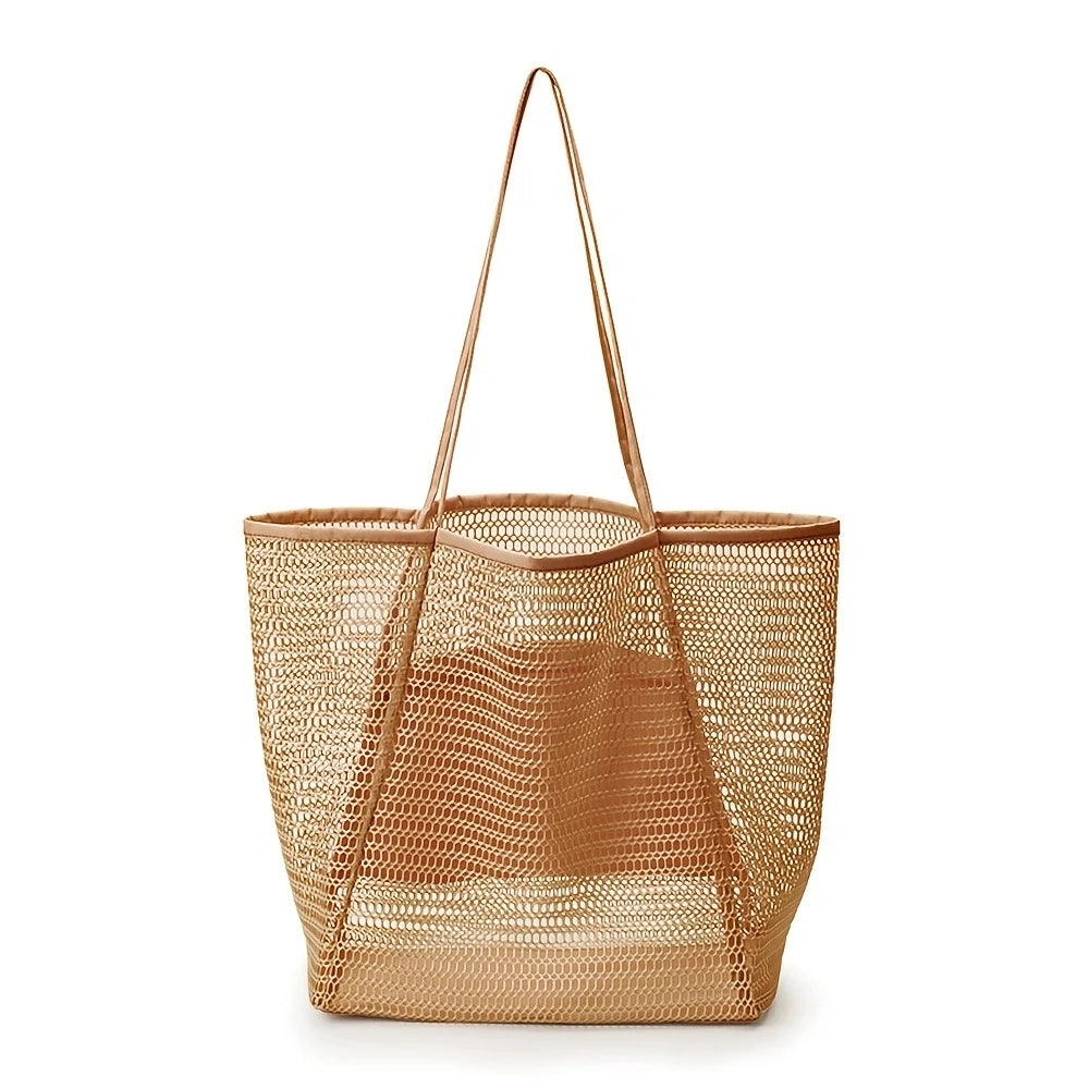 Women Large Capacity Mesh Beach Tote Bag Travel Shoulder Bag Casual Totes Storage Bag Ladies Handbag Reusable Shopping Net Bag