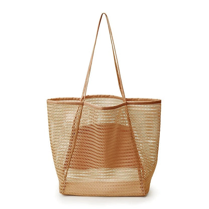 Women Large Capacity Mesh Beach Tote Bag Travel Shoulder Bag Casual Totes Storage Bag Ladies Handbag Reusable Shopping Net Bag