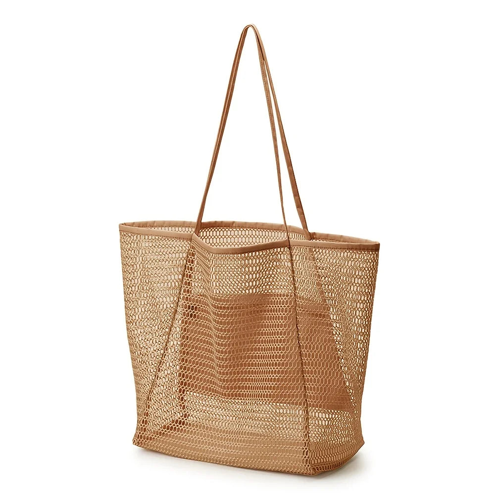 Women Large Capacity Mesh Beach Tote Bag Travel Shoulder Bag Casual Totes Storage Bag Ladies Handbag Reusable Shopping Net Bag