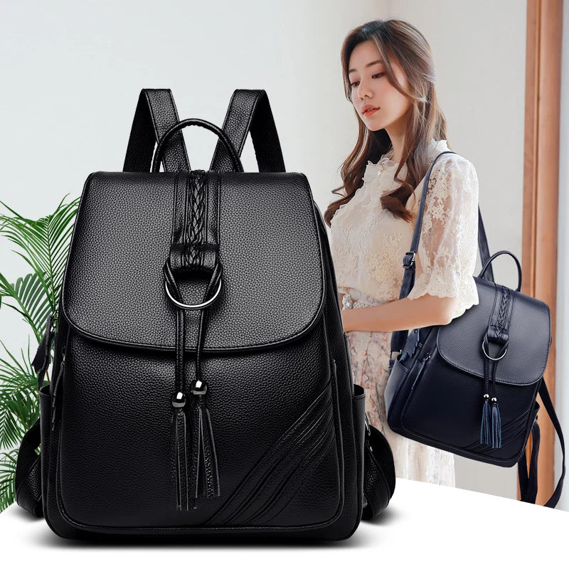 Women Leather Backpacks High Quality Duble Tassel Female Vintage Backpack For Girls School Bag Travel Bagpack Ladies Sac A Dos