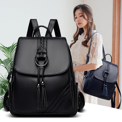 Women Leather Backpacks High Quality Duble Tassel Female Vintage Backpack For Girls School Bag Travel Bagpack Ladies Sac A Dos