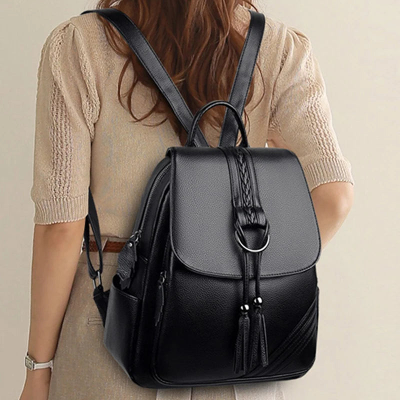 Women Leather Backpacks High Quality Duble Tassel Female Vintage Backpack For Girls School Bag Travel Bagpack Ladies Sac A Dos