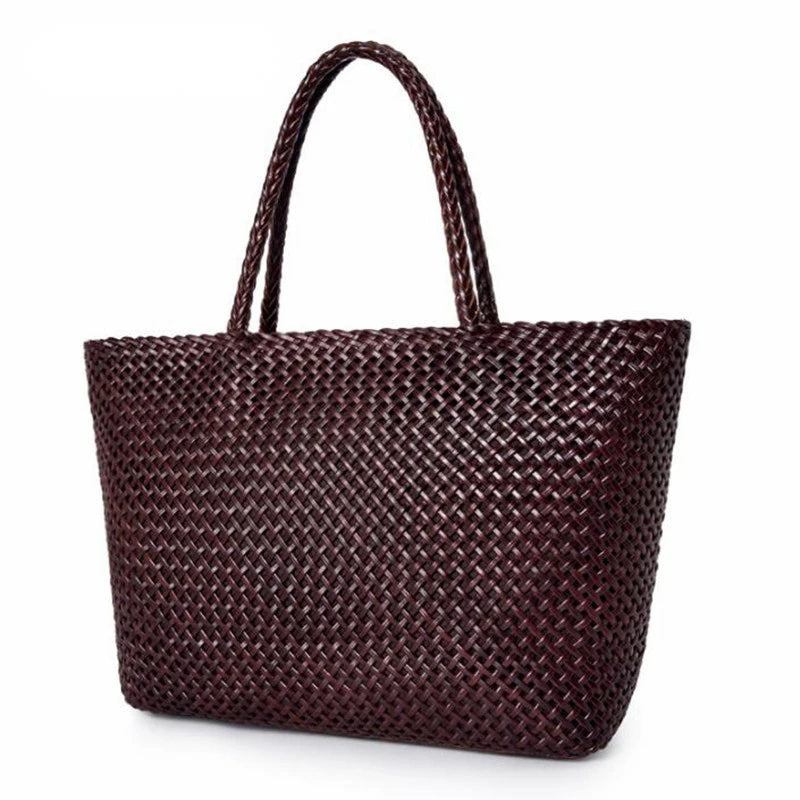 Women Leather Handbag Romantic Big Handmade Woven Totes Female Cowhide Big Holiday Bucket Bag Causal Beach Shoulder Handbags