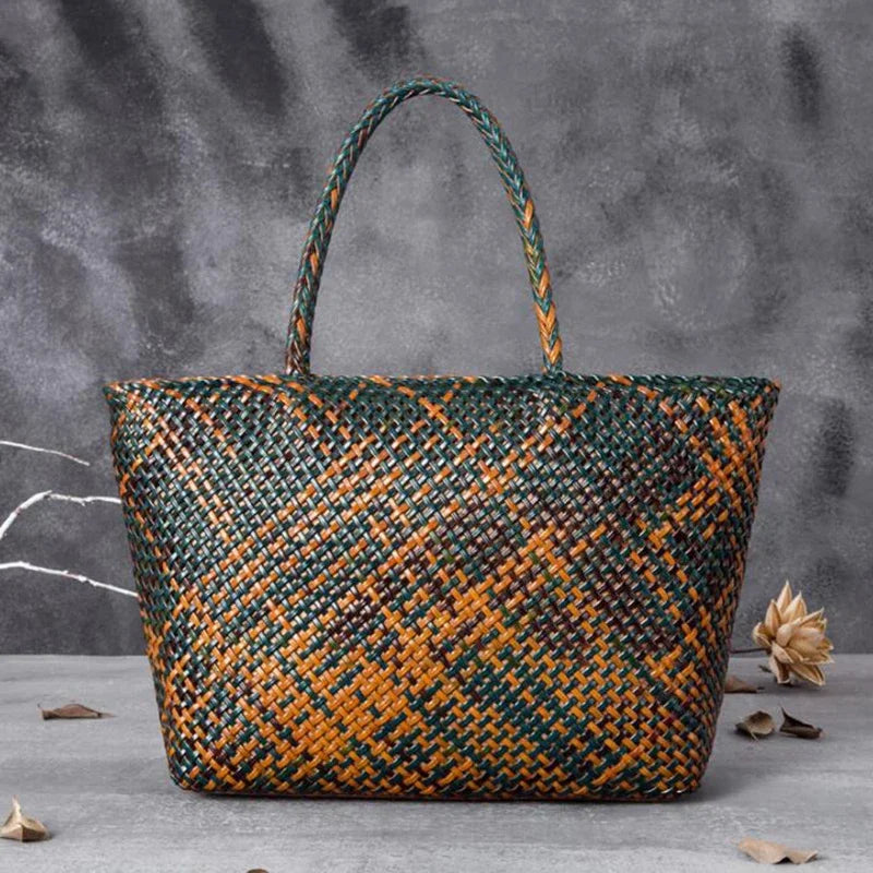 Women Leather Handbag Romantic Big Handmade Woven Totes Female Cowhide Big Holiday Bucket Bag Causal Beach Shoulder Handbags