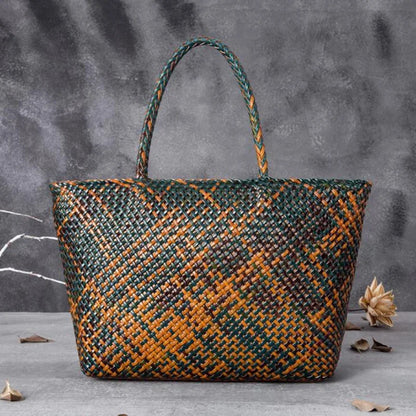 Women Leather Handbag Romantic Big Handmade Woven Totes Female Cowhide Big Holiday Bucket Bag Causal Beach Shoulder Handbags