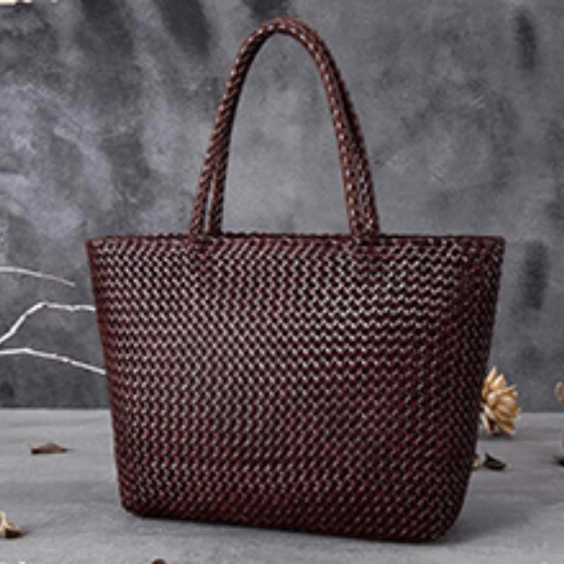 Women Leather Handbag Romantic Big Handmade Woven Totes Female Cowhide Big Holiday Bucket Bag Causal Beach Shoulder Handbags