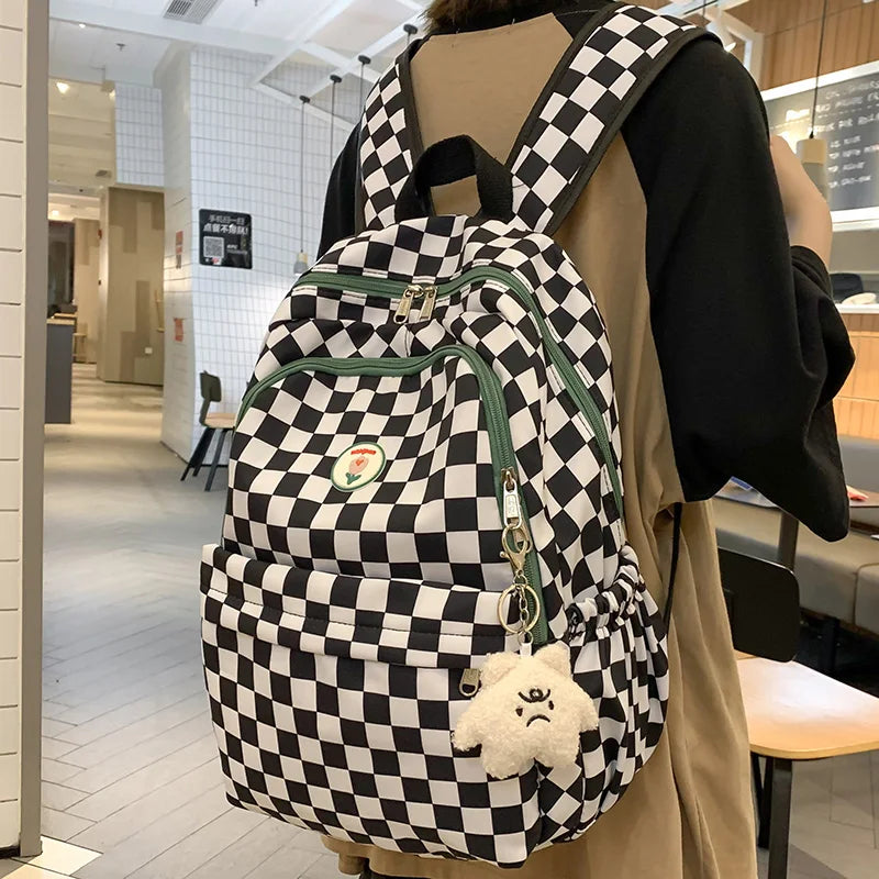 Women Leisure Lattice Waterproof School Bag Ladies Trendy Female Plaid Travel Book Bag Girl Cute Laptop College Backpack Fashion