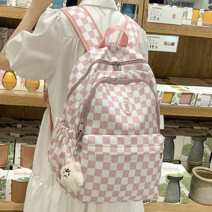 Women Leisure Lattice Waterproof School Bag Ladies Trendy Female Plaid Travel Book Bag Girl Cute Laptop College Backpack Fashion