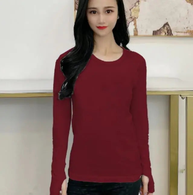 Women Long Sleeve Slim T-Shirts O Neck Causal Solid Tops Pullovers Streetwear T Shirt
