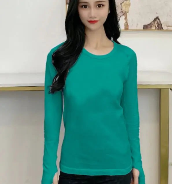 Women Long Sleeve Slim T-Shirts O Neck Causal Solid Tops Pullovers Streetwear T Shirt
