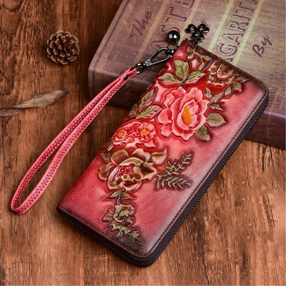 Women Long Wallet Purse Wrist Clutch Bags Retro Pattern Multi-Cards Genuine Embossed Leather Cowhide Female Zipper Handy Bag