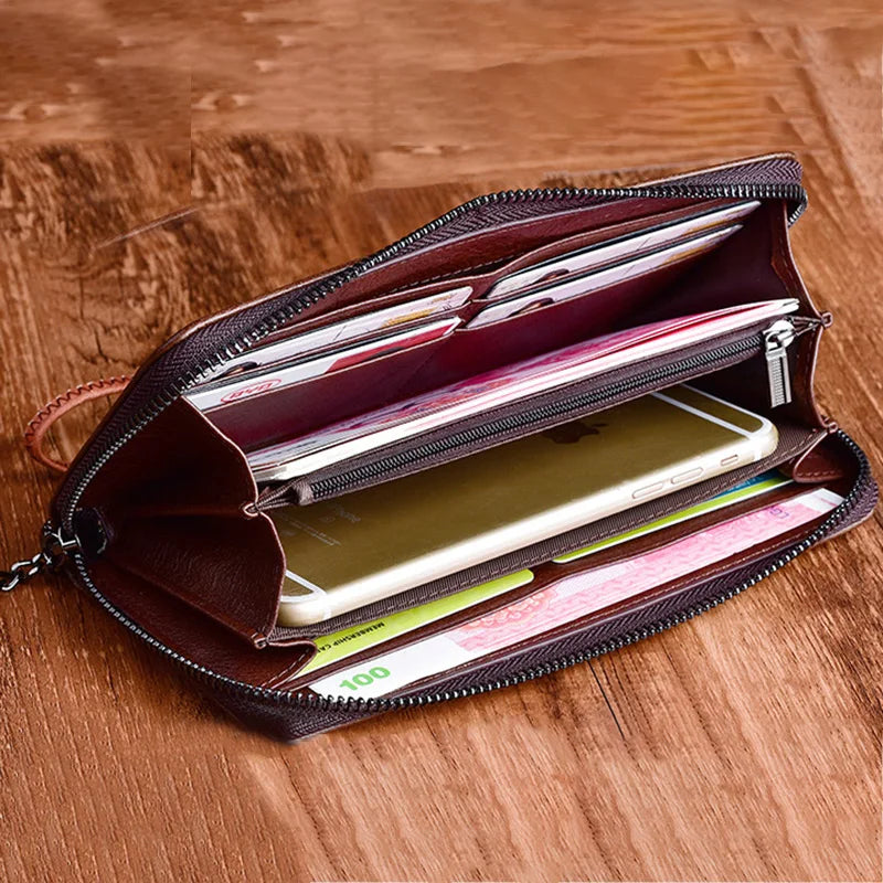 Women Long Wallet Purse Wrist Clutch Bags Retro Pattern Multi-Cards Genuine Embossed Leather Cowhide Female Zipper Handy Bag