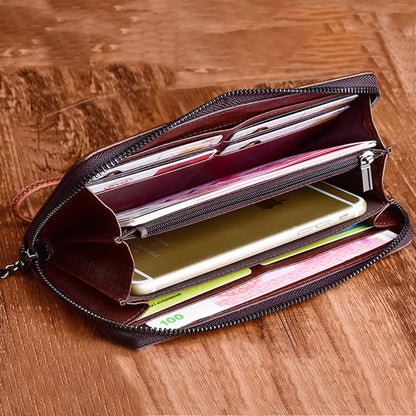 Women Long Wallet Purse Wrist Clutch Bags Retro Pattern Multi-Cards Genuine Embossed Leather Cowhide Female Zipper Handy Bag
