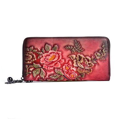 Women Long Wallet Purse Wrist Clutch Bags Retro Pattern Multi-Cards Genuine Embossed Leather Cowhide Female Zipper Handy Bag