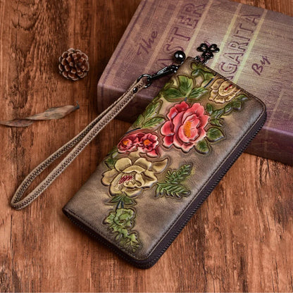 Women Long Wallet Purse Wrist Clutch Bags Retro Pattern Multi-Cards Genuine Embossed Leather Cowhide Female Zipper Handy Bag