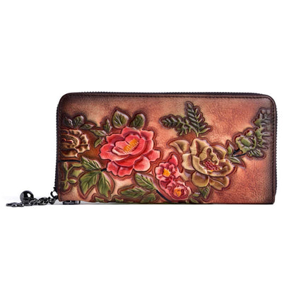 Women Long Wallet Purse Wrist Clutch Bags Retro Pattern Multi-Cards Genuine Embossed Leather Cowhide Female Zipper Handy Bag