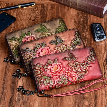 Women Long Wallet Purse Wrist Clutch Bags Retro Pattern Multi-Cards Genuine Embossed Leather Cowhide Female Zipper Handy Bag