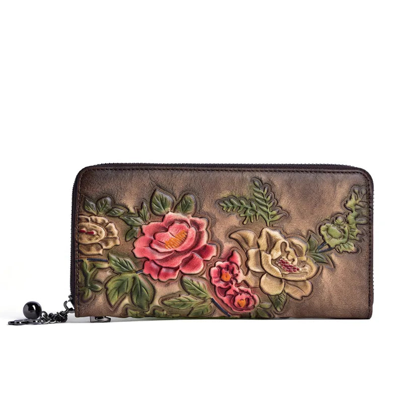 Women Long Wallet Purse Wrist Clutch Bags Retro Pattern Multi-Cards Genuine Embossed Leather Cowhide Female Zipper Handy Bag