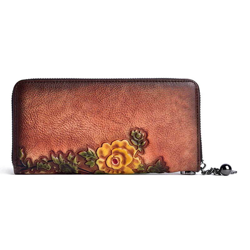 Women Long Wallet Purse Wrist Clutch Bags Retro Pattern Multi-Cards Genuine Embossed Leather Cowhide Female Zipper Handy Bag