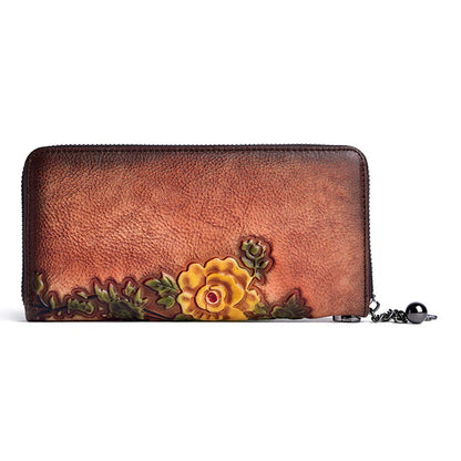 Women Long Wallet Purse Wrist Clutch Bags Retro Pattern Multi-Cards Genuine Embossed Leather Cowhide Female Zipper Handy Bag