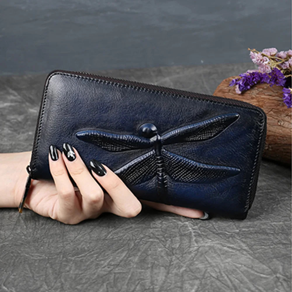 Women Long Wallet Zipper Purse Genuine Leather ID/Credit Card Cash Holder Dragonfly Design Retro Female Cowhide Money Clutch Bag