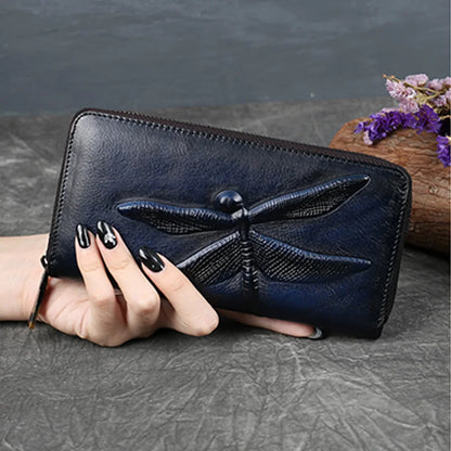 Women Long Wallet Zipper Purse Genuine Leather ID/Credit Card Cash Holder Dragonfly Design Retro Female Cowhide Money Clutch Bag