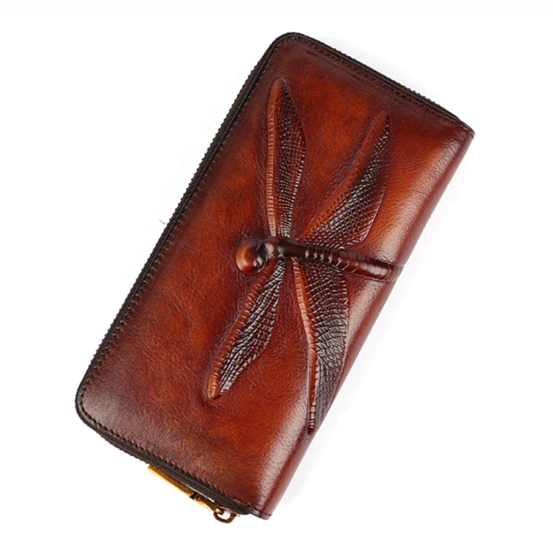 Women Long Wallet Zipper Purse Genuine Leather ID/Credit Card Cash Holder Dragonfly Design Retro Female Cowhide Money Clutch Bag