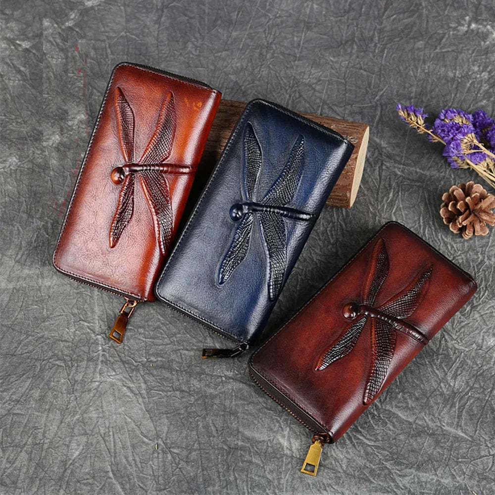 Women Long Wallet Zipper Purse Genuine Leather ID/Credit Card Cash Holder Dragonfly Design Retro Female Cowhide Money Clutch Bag