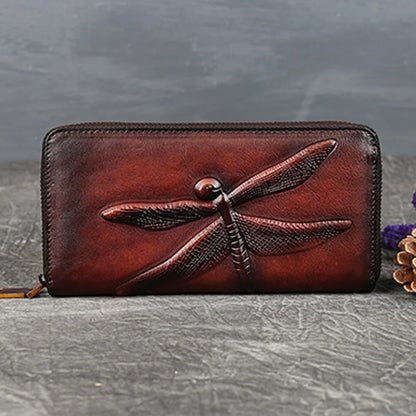 Women Long Wallet Zipper Purse Genuine Leather ID/Credit Card Cash Holder Dragonfly Design Retro Female Cowhide Money Clutch Bag
