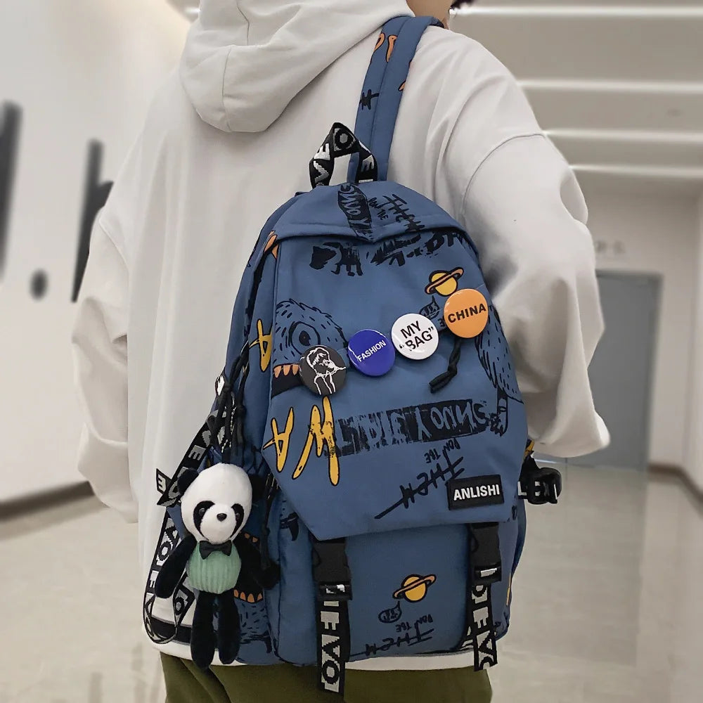 Women Men Graffiti Printing Harajuku Backpack Fashion Boy Girl College Bag Laptop Cute Female Travel Student Bag Ladies Backpack