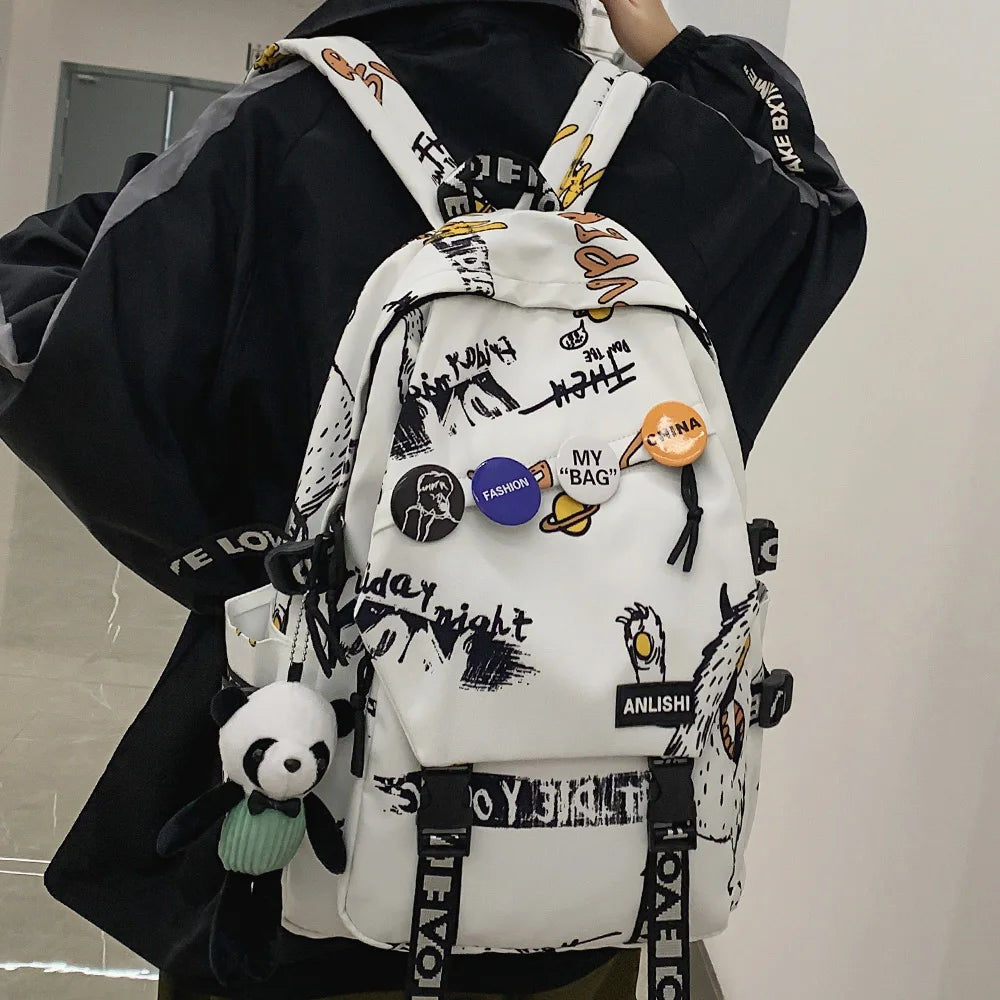 Women Men Graffiti Printing Harajuku Backpack Fashion Boy Girl College Bag Laptop Cute Female Travel Student Bag Ladies Backpack
